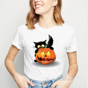 Harajuku kawaii kaķis ķirbju dzīvnieku print t-veida krekls femme halloween tshirt sieviešu vasaras apģērbu 2021 topi camiseta streetwear