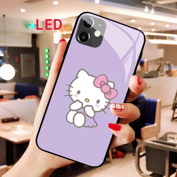 hello kitty Gaismas Rūdīts Stikls telefonu gadījumā Par Apple iphone 13 14 Pro Max Pulss mini Luksusa Modes RGB LED Apgaismojums vāciņu