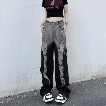 Hikigaw Vintage Streetwear Caurumu Ar Slīpumu, Sieviešu Bikses Šiks Modes Harajuku Taisnas Bikses Y2k Punk Hip Hop Zaudēt Pantalones