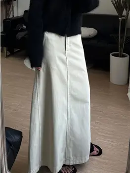 HOUZHOU Balts Ilgi Džinsa Svārki Sieviešu Rudens Elegants Modes korejas Augsta Vidukļa-line Atpakaļ Sadalīt Maxi Svārki Gadījuma Streetwear