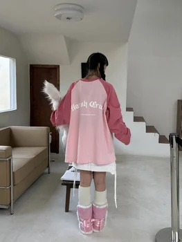 HOUZHOU Kpop Streetwear Rozā Raibs Tshirts Sieviešu Hipiju korejas Modes Harajuku Lielgabarīta Vēstuli Izdrukāt T Krekli ar garām Piedurknēm