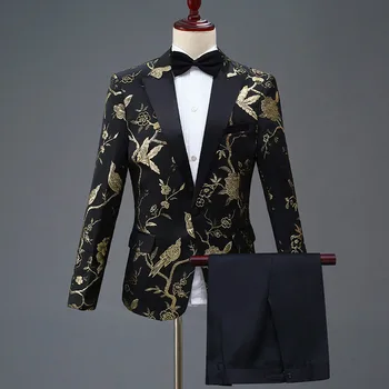 Ir 2021. Skaists Zelta Ziedu Līgavainis Uzvalku Tērps Vīriešiem Sasniedza Atloks, Slim Fit Vīriešu Vakariņas Puse, Kāzas, Balles Tērpi Terno Masculino