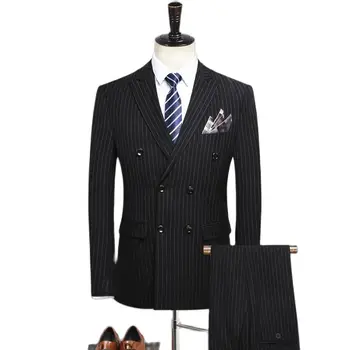 Ir 2021.(žakete + bikses + veste) Jaunu vīriešu modes divrindu vertikālas svītras tērps atbilstu biznesa gadījuma 3-gabals uzvalks