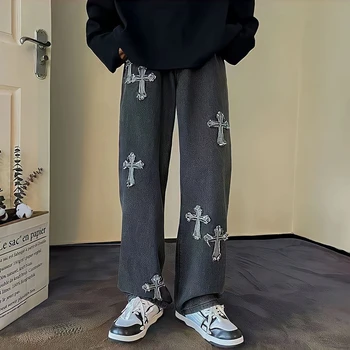 Izšuvumi Cross Jeans Vīriešu Lielajam Melns Gots Bikses Streetwear 90s Vintage Baggy Gadījuma Taisnas Kājas Ripped Džinsa Bikses
