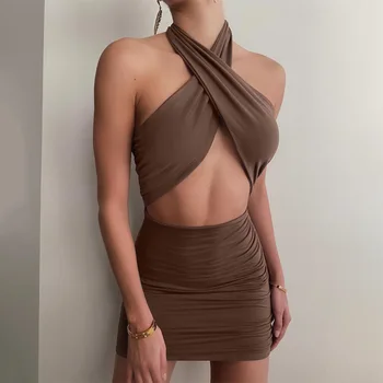 Jaunas Sievietes Sexy Kleita tīrtoņa Krāsu Kroku Atklātu Atpakaļ Karājas Kakla Mini Black Dress Y2k Vasaras 2023 Sieviete Kleitas Bodycon