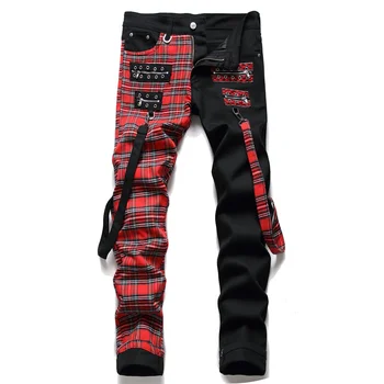 Jauno Modes Red Pleds Raibs Punk Rāvējslēdzēju Vīriešiem Zīmuli Džinsu Bikses Y2K Sprādzes Hip Hop Gothic Slim Džinsa Bikses Pantaloni Uomo