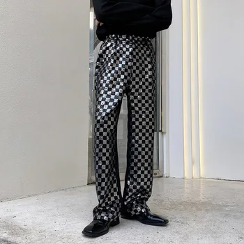 Jauns Vīrietis Korejas Streetwear Taisni Uzvalku Bikses Rūtainā Pleds Sequin Salaist Vīriešiem Gadījuma Bikses Posmā Modes Apģērbi Bikses