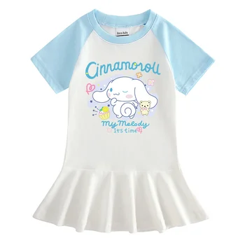 Jaunu Sanrio Cinnamoroll Vasaras Bērnu Apģērbu Karikatūra Pusi Piedurknēm Cute Meitenes Kleita Studentiem Plānas Kokvilnas Anime Kroku Svārki