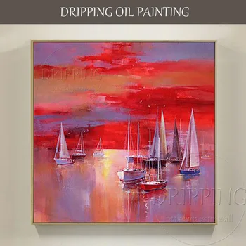Jaunā Dizaina Mākslinieka Roku apgleznotas Īpašo Ainavu Laivas, Eļļas Glezna uz Audekla Anotācija Sunset Red Sky, Eļļas Glezna par Gultas vietas
