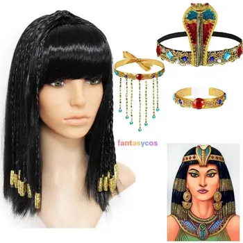 Karalienes Ēģipte Melnas Parūkas Ēģiptes Kleopatra Cosplay Parūka Ar Čūskas Galvu Piederumi Ēģiptes Headpiece Halovīni Kostīmi