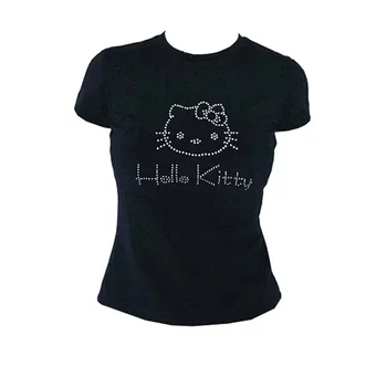 Kawaii Hello Kitty Īsām Piedurknēm Kultūraugu Top Vasaras Kawaii Sanrioes Kt Kaķis Y2K Meitene Slim, Sexy Tees Rhinestone Vintage T Kreklu, Dāvanu
