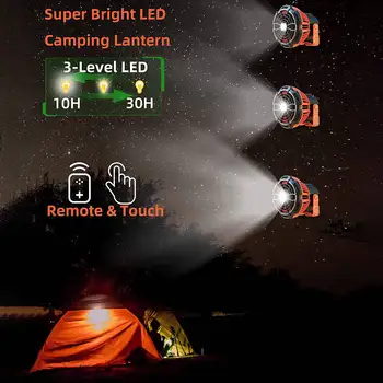 Kempings Ventilators ar LED Laterna, 25 Stundas Pārnēsājamo Bateriju Darbināmu Ventilatoru ar Pakar uz Āķa, Uzlādējams Āra Fanu Telts