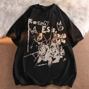 Kokvilnas Retro Grafiti Rožu Druka T kreklu Modes Harajuku Amerikāņu stilā Iela Y2K Hip Hop Zaudēt Personības Īsām Piedurknēm Augšu