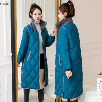 Korejas Modes 4xl Lielajam Sniega Mēteli Zip Up Vintage Design Silts Kokvilnas Jakas Ziemas Adīt Stand Apkakli Ilgi Parkas Sievietēm