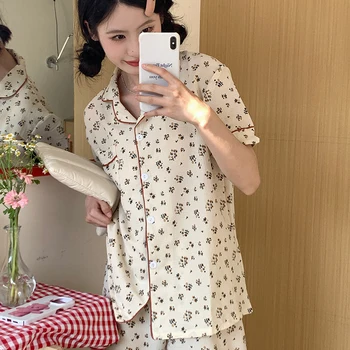 Korejas Pidžamas Komplekts Sievietēm Vasarā Loungewear Sleepwear Meitenes Salds Atloks Pyjama Ziedu Iespiesti Pijamas Japāņu Mājas Tērps