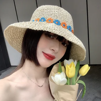 Korejiešu salmu cepure un sieviešu vasaras pludmales cepures ziedu salokāms kausa klp saules aizsardzības lielas karnīzes, seaside brīvdienas austi saules cepures