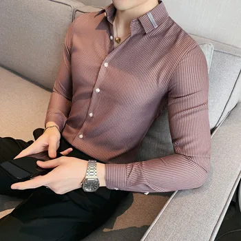 Korejiešu Stilā Neckband Apdare Vīriešu Svītrainām garām piedurknēm Krekli Pavasara Rudens Slim Gadījuma Uzņēmuma Birojā Krekls/ Kleita Krekls