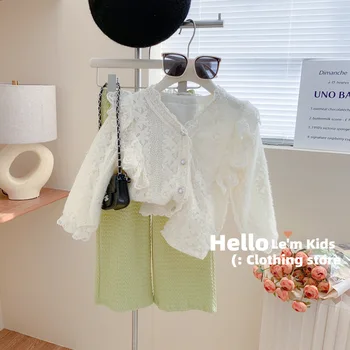 Korejiešu Versiju, Bērni, Drēbes Līdz 2023. Gada Pavasarī Jaunu Meiteņu Komplekti, Jauks Salds Mežģīnes Garām Piedurknēm Plaša Kāju Bikses Divas Gabals Modes Rotaļīgu