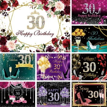 Laimīgs 30. Dzimšanas dienas svinības 30 Gadus Vecas Sievietes Fonu Apdare Melnā Mirdzēt Augstiem Papēžiem Ziedi Fotogrāfijas Fona Banneris