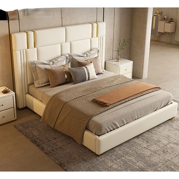 Luksusa Mēbeles, Ādas Gulta, divguļamā gulta, mūsdienu gaismas svars guļamistaba ērti nerūsējošā tērauda mīksto atpakaļ itālijas gulta