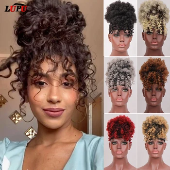 LUPU Sintētisko Viltus Matu Bulciņa Hairpiece Matu Afro Chignon Scrunchies Ar Bangs Aukliņu Zirgaste Melnās Sievietes