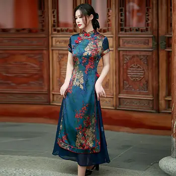 Līdz 2023. gada rudenī jaunā vjetnama aodai ķīniešu stilu sieviešu ziedu drukas vintage gara kleita qipao elegants ķīniešu cheongsam kleita a90