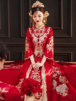 Līgava Mirdzoša Grauzdiņš Apģērbu Tang Uzvalks Ķīniešu Stilā Vizuļi Frēzēšana Pušķi, Kāzu Kleitu