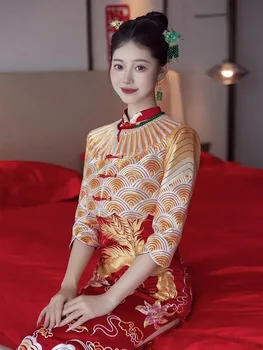 Līgava Phoenix Izšuvumi Cheongsam Elegants Tradicionālā Ķīniešu Grauzdiņš Apģērbs Sieviešu Sexy Augstas Sadalīt Kāzu Kleitu Tang Uzvalks