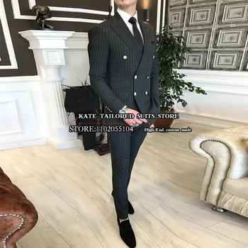 Melns Svītrains Uzvalks Vīriešu Biznesa Žakete Komplekti Pielāgota Dubultā Krūtīm Vīriešu Modes Smart Casual Puse Kostīmu Homme Italien