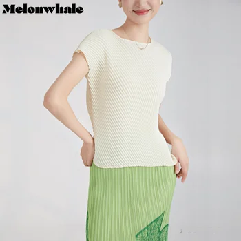 MelonWhale Cietā Kroku T-krekls Sievietēm korejiešu Stilā 2023 Pavasara Vasaras Apaļu Kakla Īsām Piedurknēm Top Dāmas Šiks Apģērbs