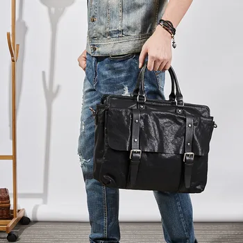 Modes gadījuma īstas ādas vīriešu portfelis, biznesa luksusa dizaineru dabas nekustamā pātagot somā black klēpjdatoru messenger bag