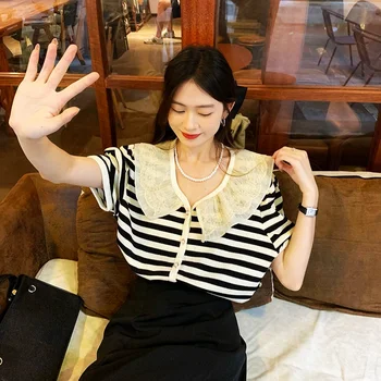 Modes Korejas T Sievietēm Īsā Krekli Svītru Kawaii Mežģīņu Kakla Apģērbu Plus Lieluma Galotnēm Gadījuma O-Veida Kakla Gudrs Krekls
