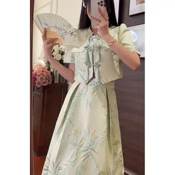 Modes Retro Ķīniešu Tradicionālās Īsi Svārki Uzvalkā ar Īsām Piedurknēm Blūze ar Augstu Vidukļa Pusi Svārki Elegantu Vasaras Sieviešu Komplekts