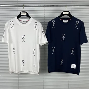 Modes TB THOM 2023 Zīmolu T-Krekls Vīriešiem ar Īsām Piedurknēm Ikdienas Apģērbu Svītraina Vasaras O-veida kakla Baltu Kokvilnas Gadījuma Tees