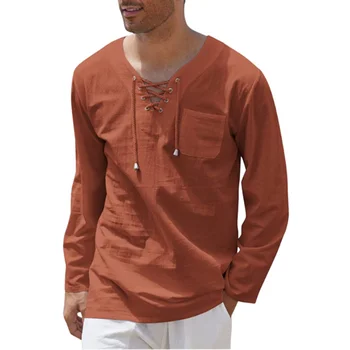 Modes Vienkārša Kokvilnas Veļa Krekls Vīriešu 2023 Vasaras V Kakla Mežģīnes-up Ikdienas Blūze Jaunatnes Vīriešu tīrtoņa Krāsu Līmēšana Kabatas Topi Jauns