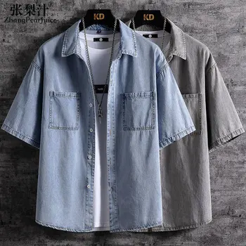 New Hong Kong Retro Stila Džinsa Krekli Vīriešu Vasaras Īsām piedurknēm Krekli Pusaudžiem Zaudēt Gadījuma (Dungriņi) Mētelis Drēbes Chemises