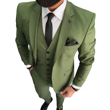 Olīvu Zaļa Vīriešu Uzvalku 3 Gabali Formālas Biznesa Iecirtums Atloks Tuxedos Groomsmen Uzvalku noteikti Kāzām(Žakete+veste+Bikses