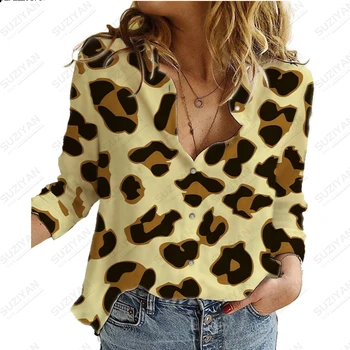 Pavasara Jaunu Sieviešu Garo piedurknēm Krekls ar Krāsainām Leopards Drukāt 3D Drukas Polo Apkakli, Pogu, Personalizētu Ikdienas Piepilsētas Augšu