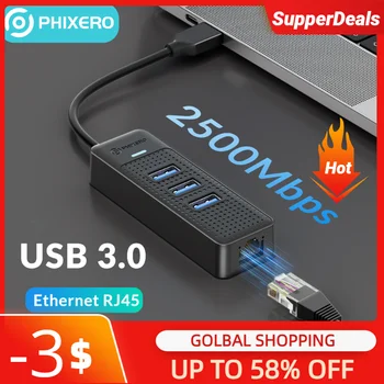 PHIXERO USB 3.0 Hub 2500Mbps Ar Ethernet RJ45, USB Sadalītājs Daudzu Ostas Datu Adapteri Expander par Klēpjdatoru DATORU Piederumi
