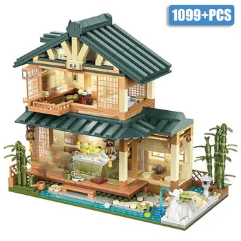 Pilsētas 1099pcs Klasiskās Japāņu Pagalma Modeli, Celtniecības Bloki Ar LED Gaismas Ciematu Māju KM Villa Ķieģeļi Rotaļlietas Bērniem