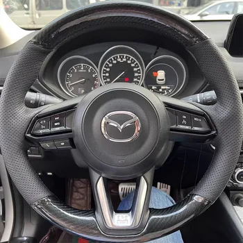 Priekš Mazda CX-3 CX3 CX-5 CX5 2017 2018 CX-9 Melnas Ādas Oglekļa šķiedras roku šūtas neslīdoša Auto Stūres Rats Segumu Interjera