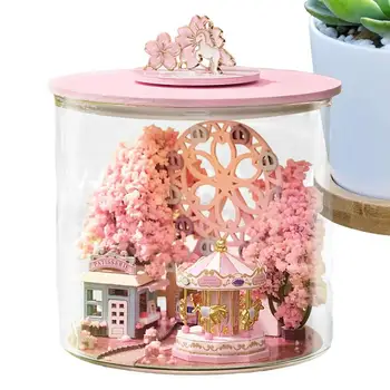 Radošā Neliela Māja Playset Ar Mēbelēm Kvēlojošs Cherry Blossom 3D Koka Leļļu Māja DIY Namiņš Ar Putekļu Pierādījums Vāciņu