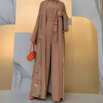 Ramadāna Islāma Kleitu Muslīnu Dubajas arābu Jaunu Ziedu Ilgi Modes Elegants Divu gabals Musulmaņu Sieviešu Tērpu Tuvajos Austrumos Kleita