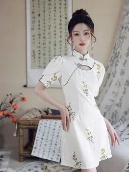 Retro Mandarīnu Apkakles Cheongsam Sieviešu Ķīniešu Stilu, Elegants Balts Ziedu Izšuvumi Qipao