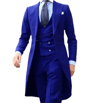 Royal Blue Oficiālu Vīriešu Uzvalki 3 Gabals Ilgi Asti Mētelis, Veste Ar Biksēm Sasniedza Atloks Pasūtījuma Vīriešu Modes Tērpu 2023