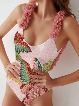 Rozā Modes Ziedu Drukāt Mežģīnes Plātnītes Dziļi V Backless Saspringts Sexy viengabala Bikini Peldkostīmu Un Segtu Sievietēm, Seaside Brīvdienas