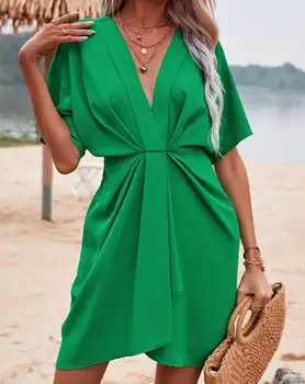 Ruched Dizaina tīrtoņa Krāsu Kleitas 2023 Vasarā Jaunu Īsām Piedurknēm V-veida kakla Gadījuma Taisni Kleitas Sieviešu Modes Vidējā Garuma Svārki