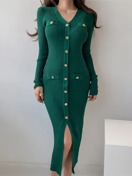 Rudens Ar Garām Piedurknēm Trikotāžas Kleita Sievietēm Korejas Midi Elegants Džemperis Džemperis Kleitas Vienotā Krūtīm Slim Drēbes Femme Vestidos