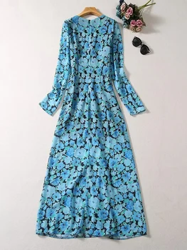 Rudens Blue Print garām Piedurknēm Maxi Kleitas, Sieviešu V Kakla Brīvdienu Vestidos Para Mujer Elegants Largos Roupas Feminina