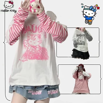 Sanrio Hello Kitty Cinnamorol Kuromi Gudrs Y2K Top Sieviešu T-Krekls Divi Gabals, kas garām Piedurknēm Zaudēt Lielu T-Krekls ar garām Piedurknēm Dāvanu